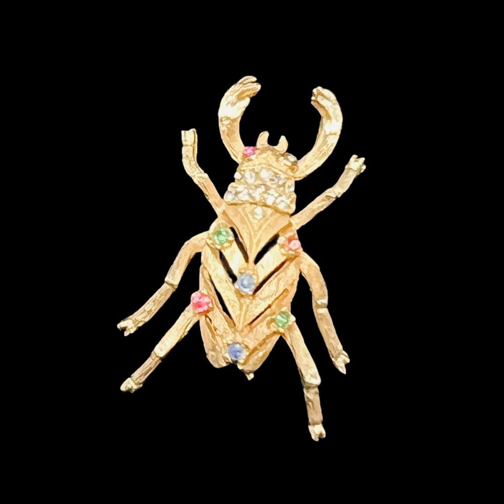 Vintage BSK Gold Tone Jeweled Beatle Insect Brooch (5164)